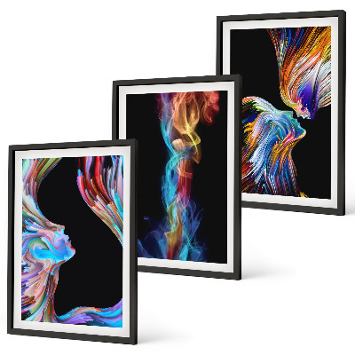 Set of 3 framed wall art pieces Colorful abstract faces