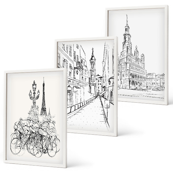 Set of 3 framed wall art pieces Simple drawings of urban landscapes