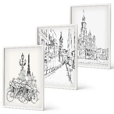 Set of 3 framed wall art pieces featuring simple urban landscape drawings