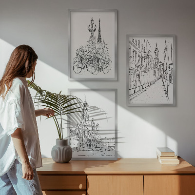 Set of 3 framed wall art pieces Simple drawings of urban landscapes
