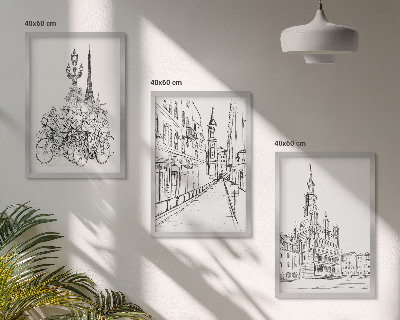 Set of 3 framed wall art pieces Simple drawings of urban landscapes