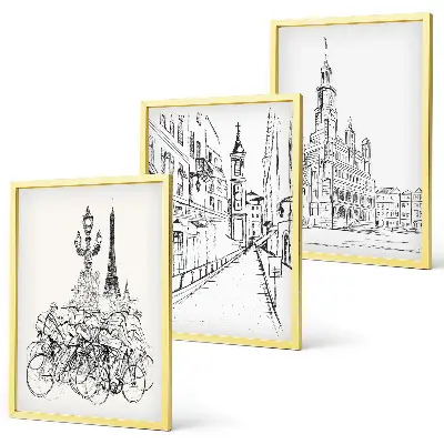 Set of 3 framed wall art pieces featuring simple urban landscape drawings