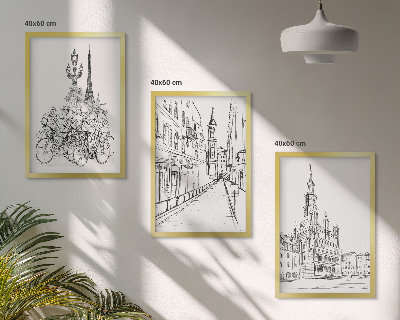 Set of 3 framed wall art pieces Simple drawings of urban landscapes