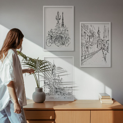 Set of 3 framed wall art pieces Simple drawings of urban landscapes