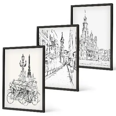 Set of 3 framed wall art pieces featuring simple urban landscape drawings