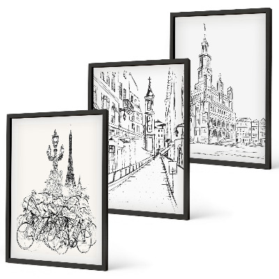Set of 3 framed wall art pieces Simple drawings of urban landscapes