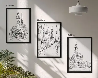 Set of 3 framed wall art pieces featuring simple urban landscape drawings