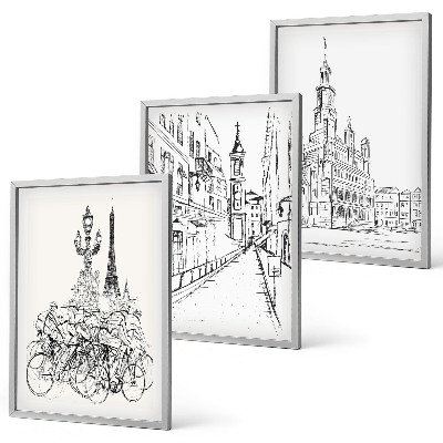 Set of 3 framed wall art pieces Simple drawings of urban landscapes