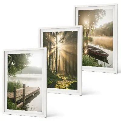 Set of 3 framed wall art pieces featuring a morning fog over a lake with a forest and a boat