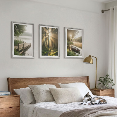 Set of 3 framed wall art pieces Lake, forest, boat, morning fog