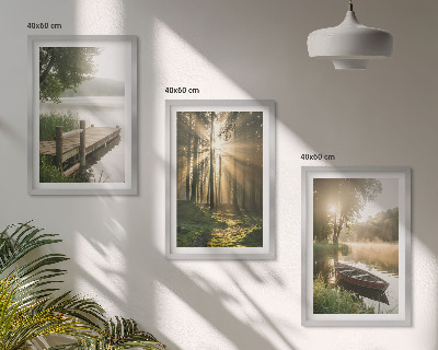 Set of 3 framed wall art pieces Lake, forest, boat, morning fog