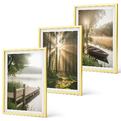 Set of 3 framed wall art pieces Lake, forest, boat, morning fog
