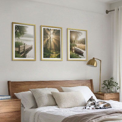 Set of 3 framed wall art pieces Lake, forest, boat, morning fog