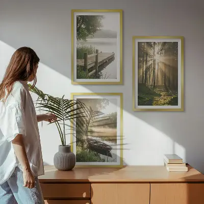 Set of 3 framed wall art pieces featuring a morning fog over a lake with a forest and a boat