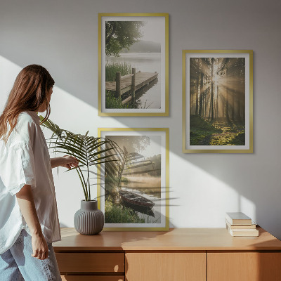 Set of 3 framed wall art pieces Lake, forest, boat, morning fog