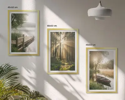 Set of 3 framed wall art pieces featuring a morning fog over a lake with a forest and a boat