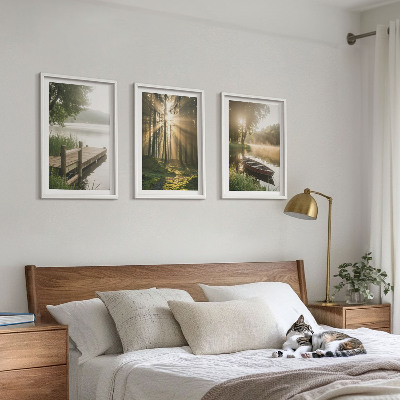 Set of 3 framed wall art pieces Lake, forest, boat, morning fog