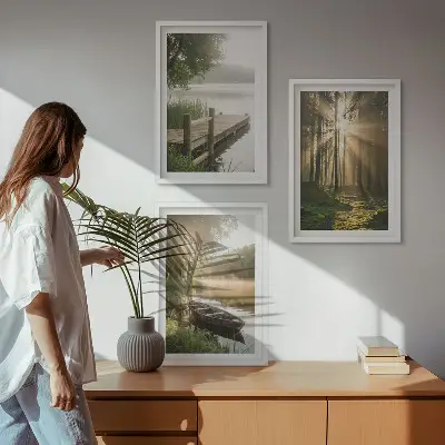 Set of 3 framed wall art pieces featuring a morning fog over a lake with a forest and a boat