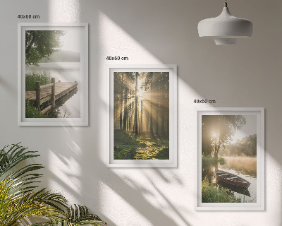 Set of 3 framed wall art pieces Lake, forest, boat, morning fog