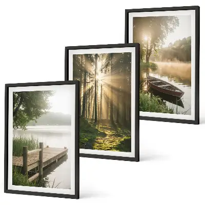 Set of 3 framed wall art pieces featuring a morning fog over a lake with a forest and a boat