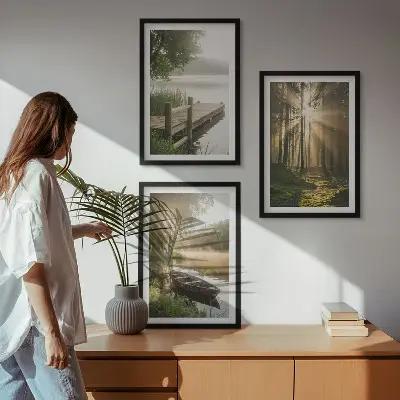 Set of 3 framed wall art pieces featuring a morning fog over a lake with a forest and a boat