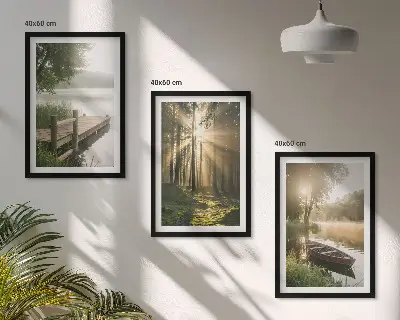 Set of 3 framed wall art pieces featuring a morning fog over a lake with a forest and a boat