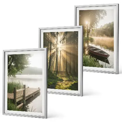 Set of 3 framed wall art pieces featuring a morning fog over a lake with a forest and a boat