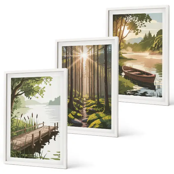 Wall art set landscape of the forest, lake, and boat