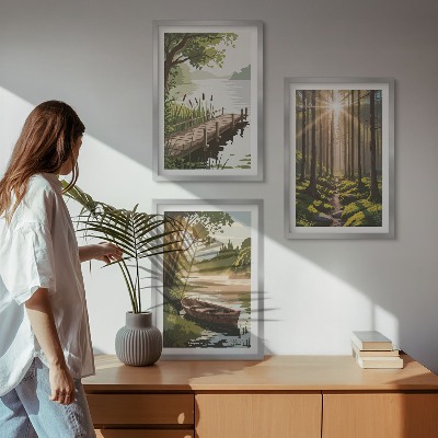 Wall art set Landscape of the forest, lake, boat