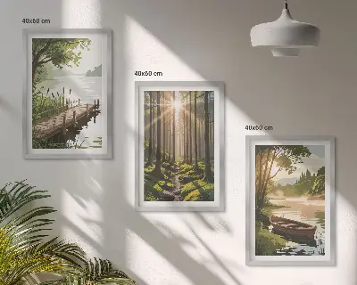 Wall art set landscape of the forest, lake, and boat
