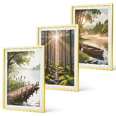 Wall art set Landscape of the forest, lake, boat