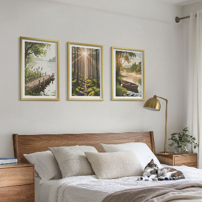 Wall art set Landscape of the forest, lake, boat