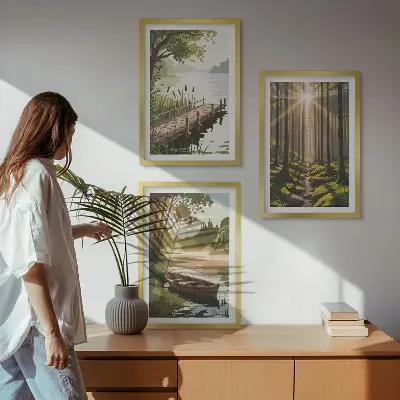 Wall art set landscape of the forest, lake, and boat