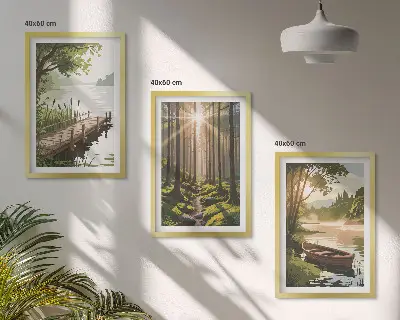 Wall art set landscape of the forest, lake, and boat