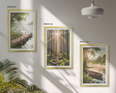 Wall art set Landscape of the forest, lake, boat