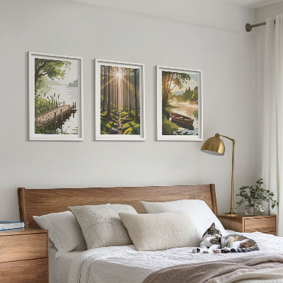 Wall art set Landscape of the forest, lake, boat