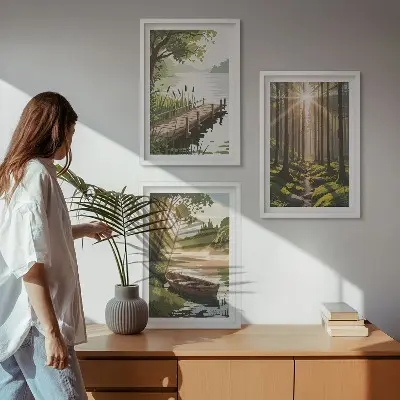 Wall art set landscape of the forest, lake, and boat