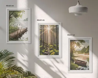 Wall art set landscape of the forest, lake, and boat