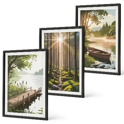 Wall art set landscape of the forest, lake, and boat