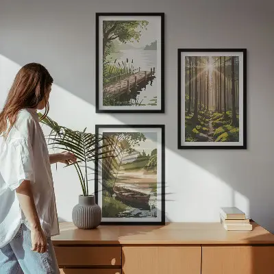 Wall art set landscape of the forest, lake, and boat