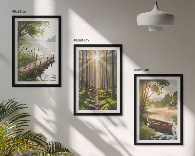 Wall art set Landscape of the forest, lake, boat