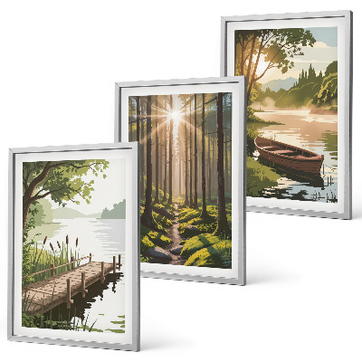 Wall art set Landscape of the forest, lake, boat