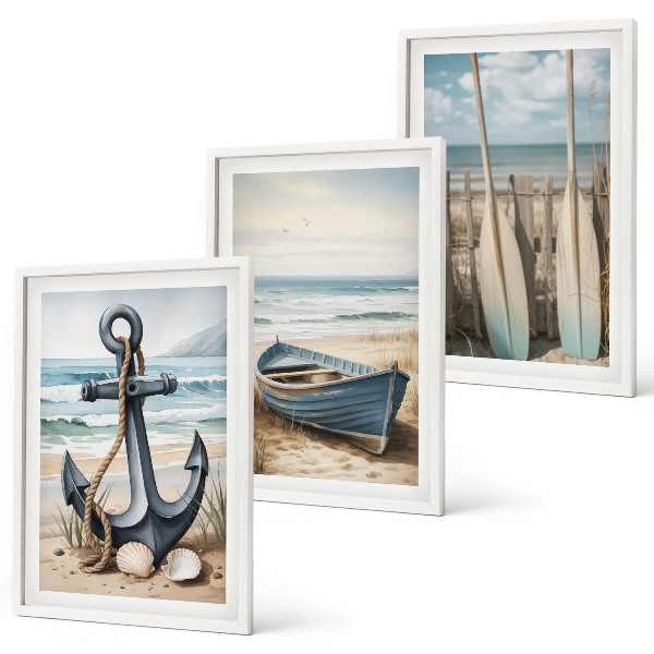 Three-piece wall art piece Anchor boat oars beach