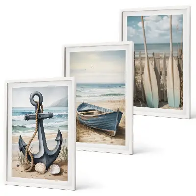 Anchor, boat, and oars beach wall art three-piece set