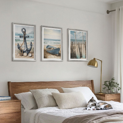 Three-piece wall art piece Anchor boat oars beach