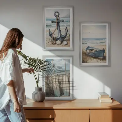 Anchor, boat, and oars beach wall art three-piece set