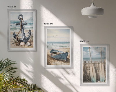 Three-piece wall art piece Anchor boat oars beach