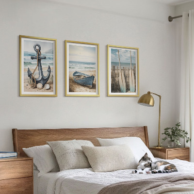 Three-piece wall art piece Anchor boat oars beach