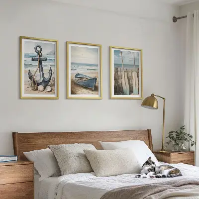Anchor, boat, and oars beach wall art three-piece set
