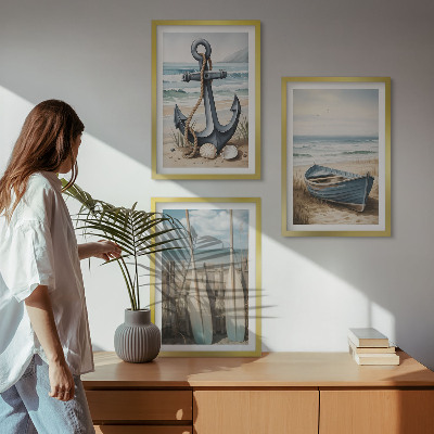 Three-piece wall art piece Anchor boat oars beach